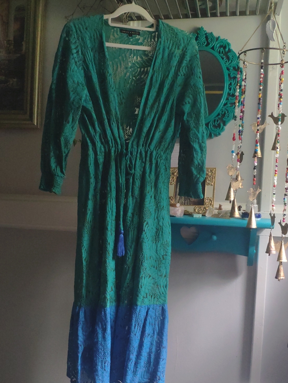 Women’s Green Lace Kimono with Blue Hem